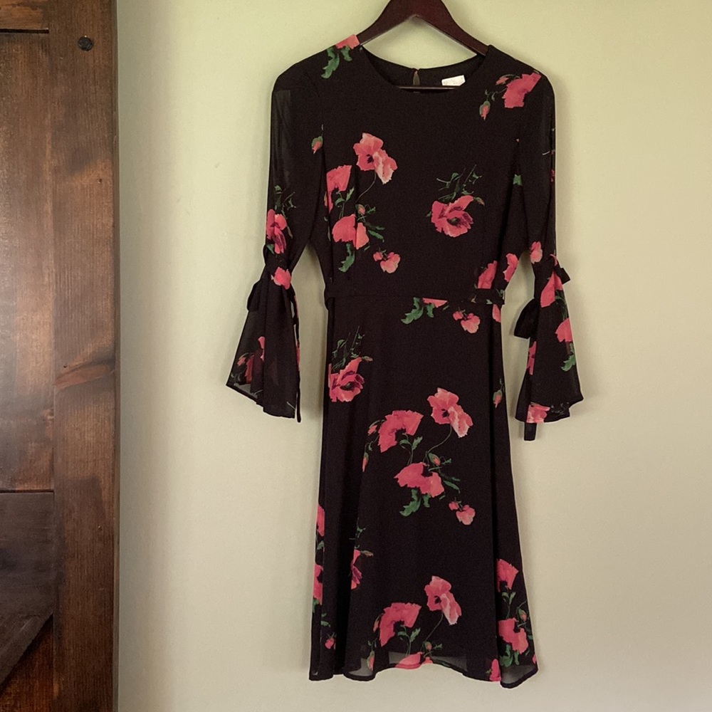 NINE WEST dress | Black pink florals and tie waistline dress | size 4